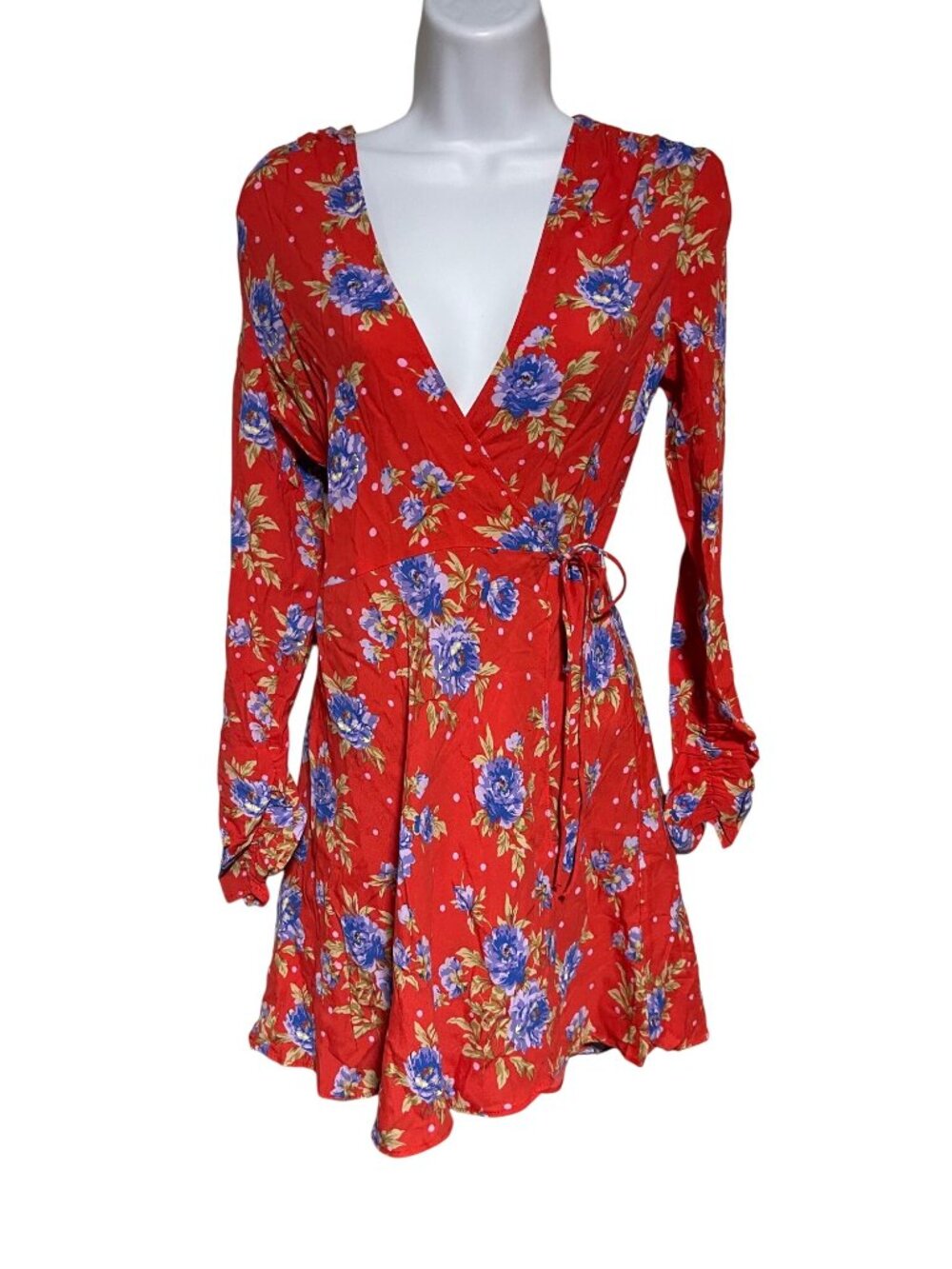 Zara Red Floral Wrap Dress Long Sleeve Size XS Ditsy Floral Parisian Flowy